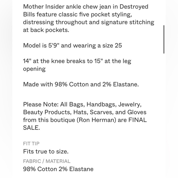 MOTHER SUPERIOR INSIDER CROP STEP CHEW IN DESTROYED BILLS HIRISE STRAIGHT LEG - Picture 4 of 16